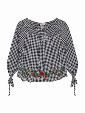 Miss Lili Checkered Blouse Women's L Blue Long Sleeve